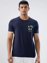 Men T-Shirt Textured Navy Blue Regular Fit