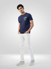 Men T-Shirt Textured Navy Blue Regular Fit