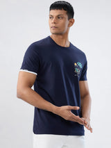 Men T-Shirt Textured Navy Blue Regular Fit