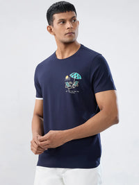 Men T-Shirt Textured Navy Blue Regular Fit