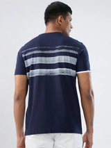 Men T-Shirt Textured Navy Blue Regular Fit
