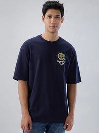 Men T-Shirt Textured Navy Blue Regular Fit
