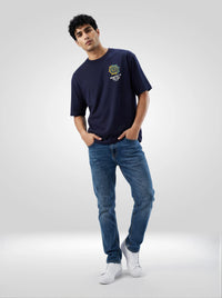 Men T-Shirt Textured Navy Blue Regular Fit