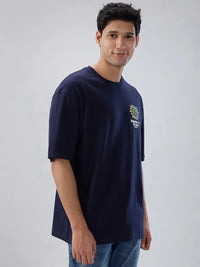 Men T-Shirt Textured Navy Blue Regular Fit