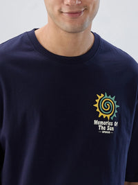 Men T-Shirt Textured Navy Blue Regular Fit