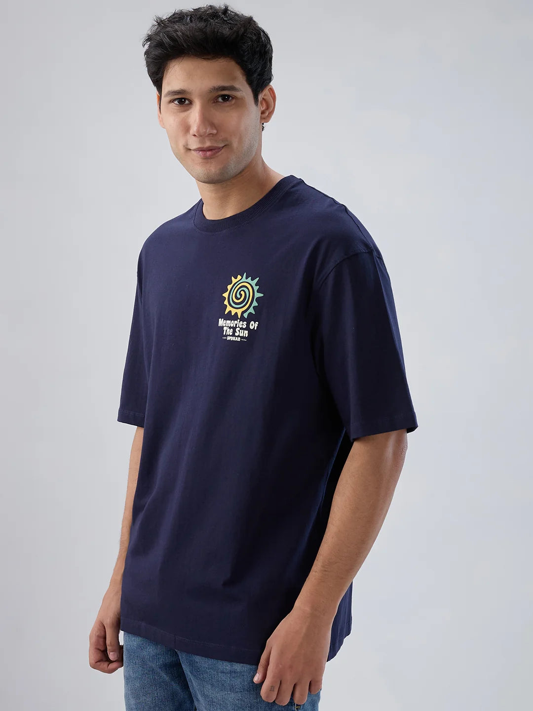 Men T-Shirt Textured Navy Blue Regular Fit