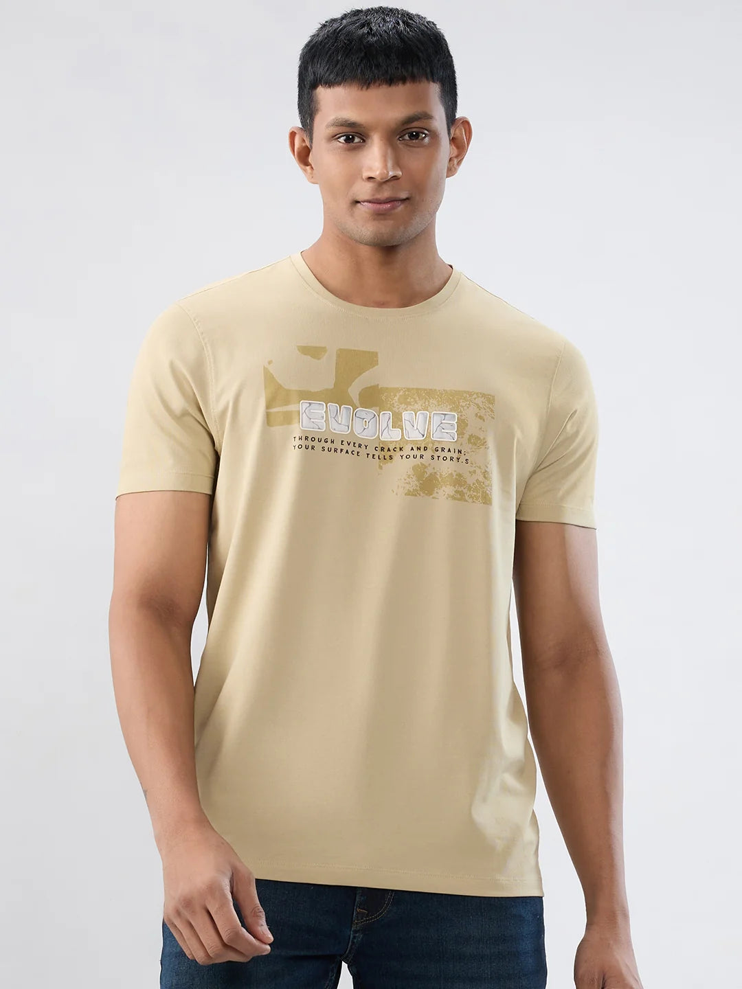 Men T-Shirt Graphic Beige Regular Fit