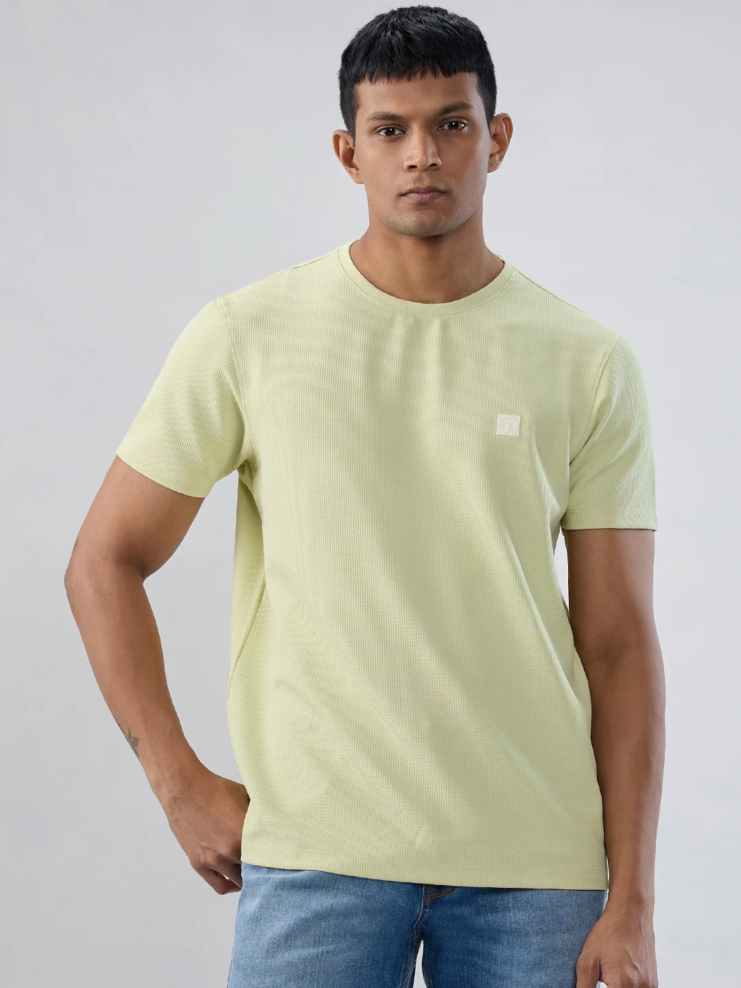 Men T-Shirt Textured Green Regular Fit