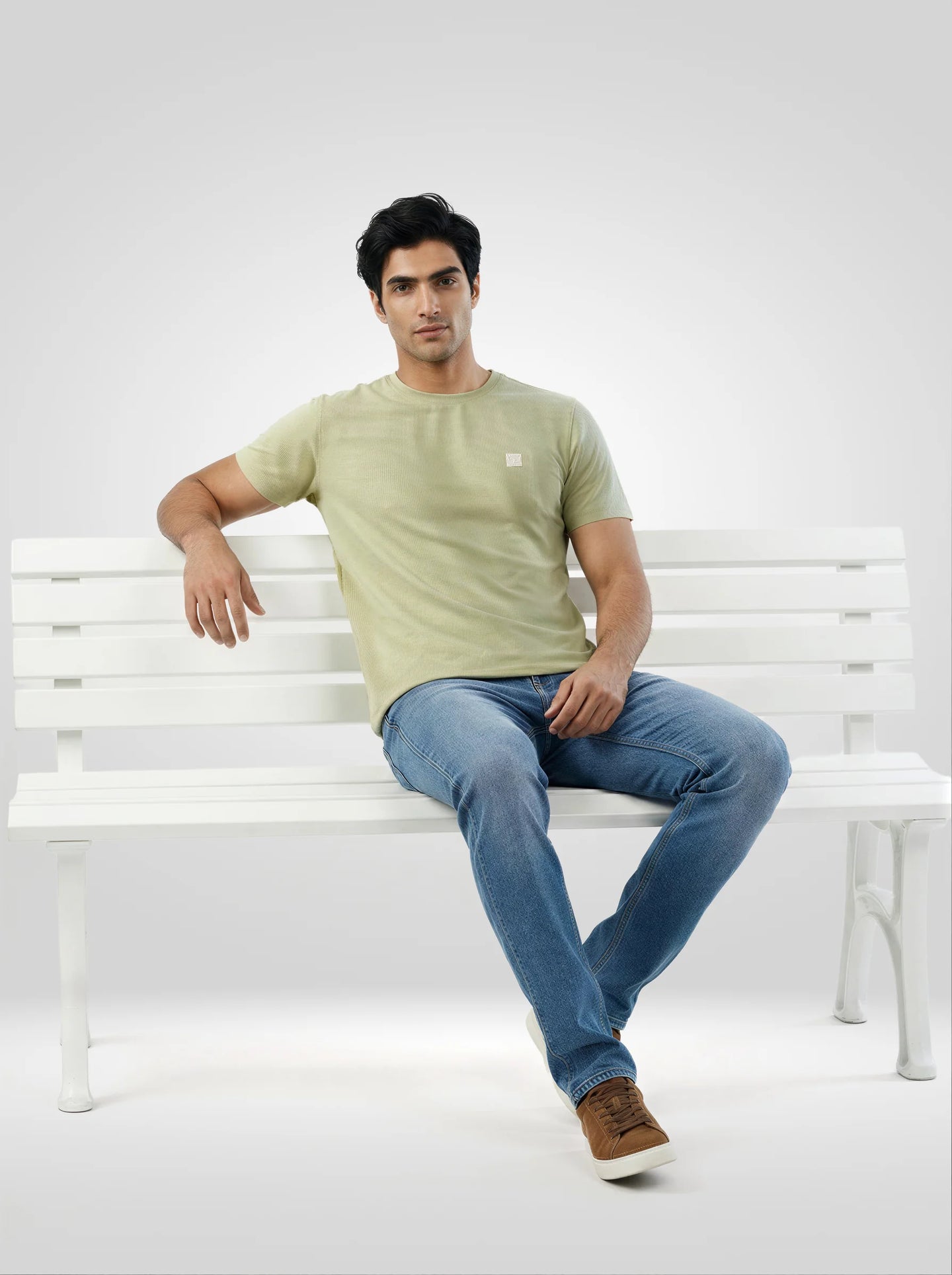 Men T-Shirt Textured Green Regular Fit