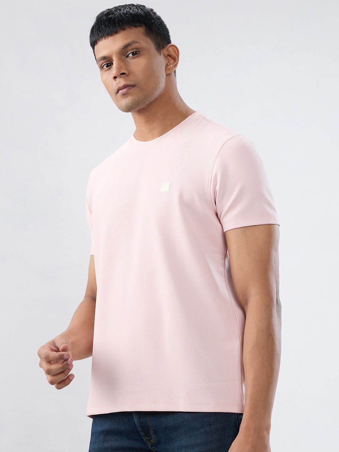 Men T-Shirt Textured Pink Regular Fit