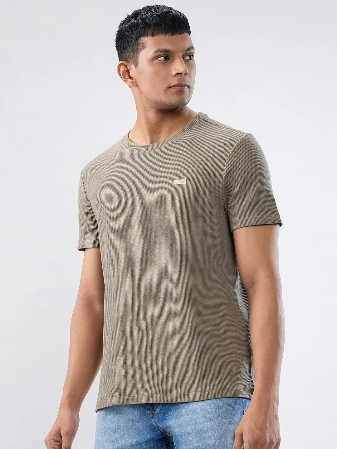 Men T-Shirt Textured Green Regular Fit