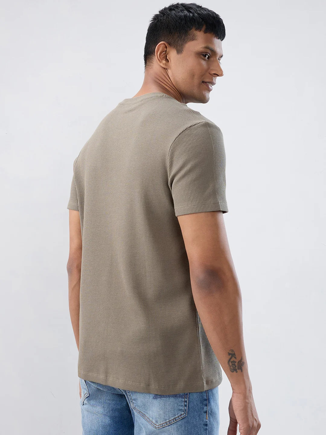 Men T-Shirt Textured Green Regular Fit
