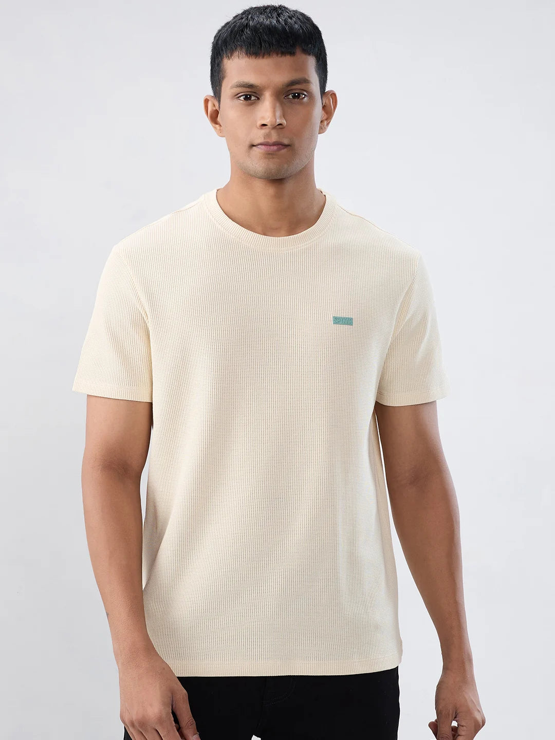Men T-Shirt Textured Off White  Regular Fit