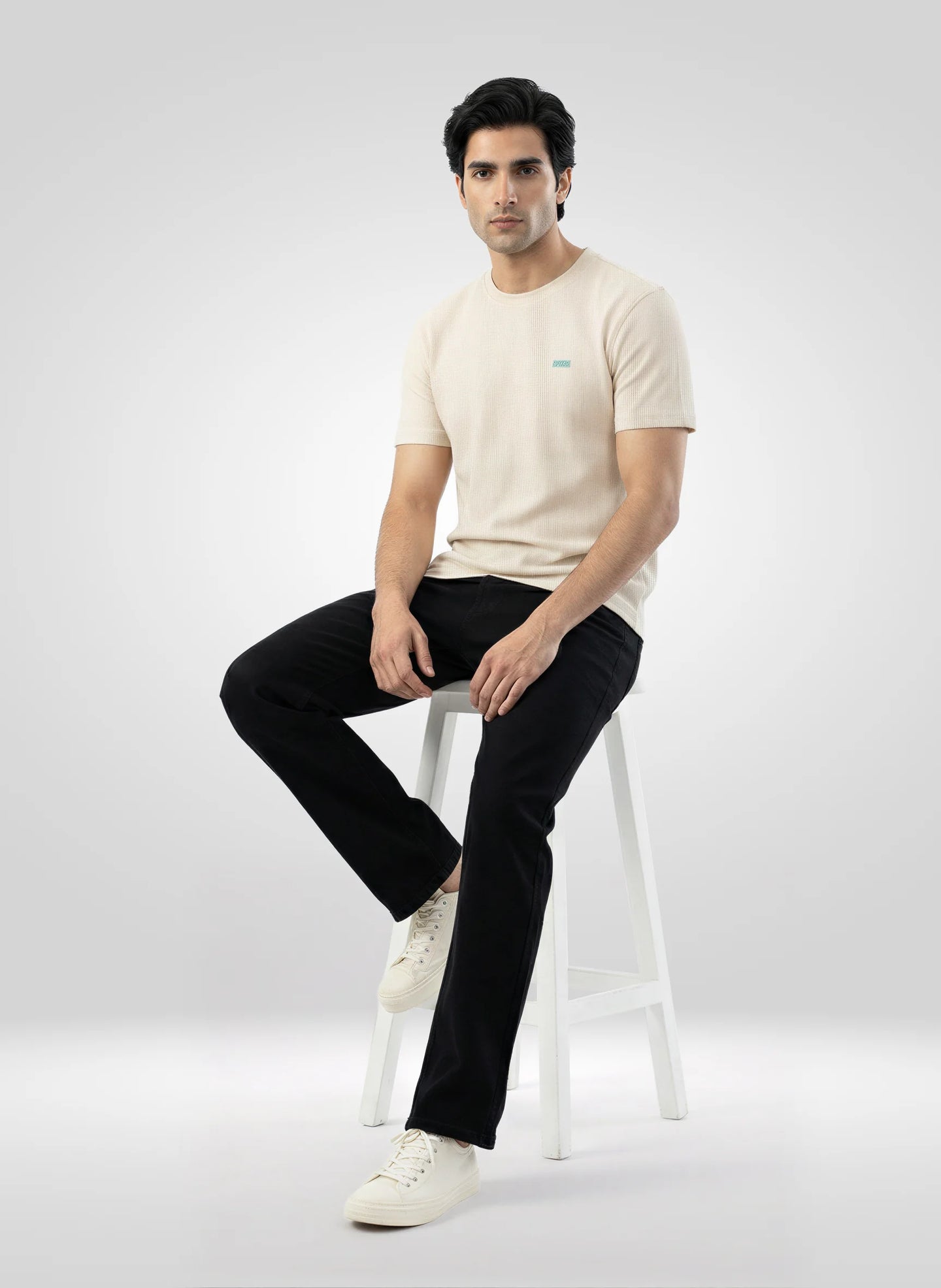 Men T-Shirt Textured Off White  Regular Fit