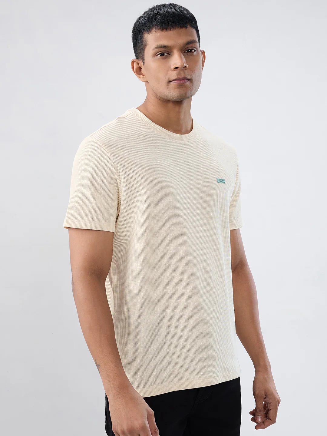 Men T-Shirt Textured Off White  Regular Fit