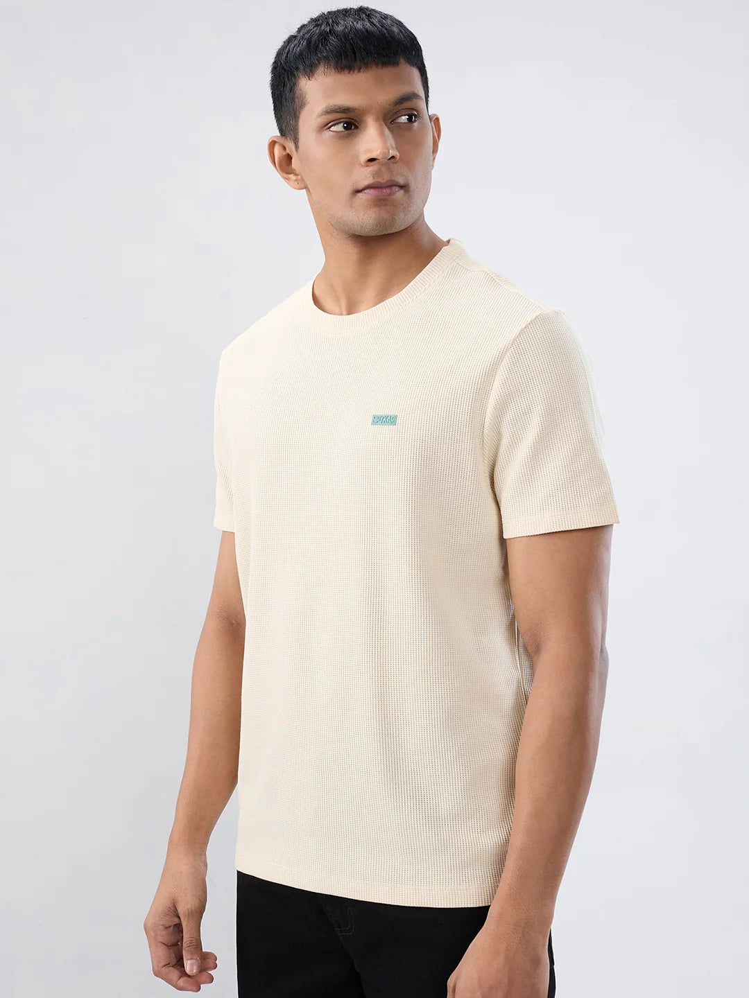 Men T-Shirt Textured Off White  Regular Fit