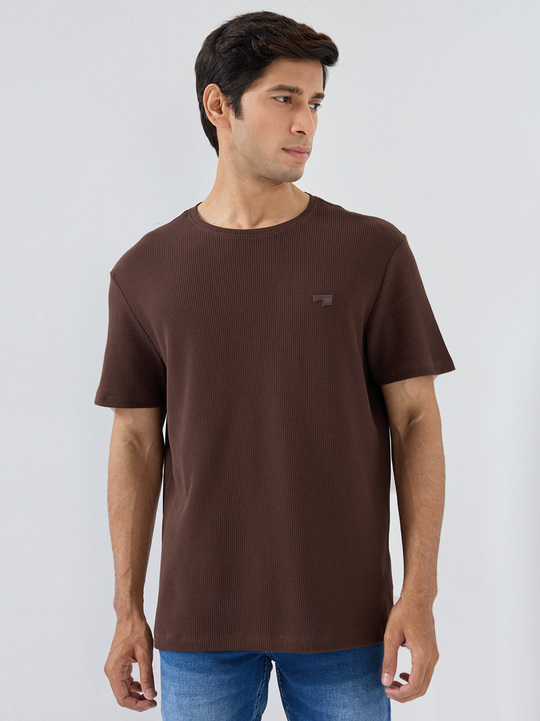 Men T-Shirt Textured Brown Regular Fit