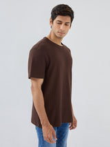 Men T-Shirt Textured Brown Regular Fit