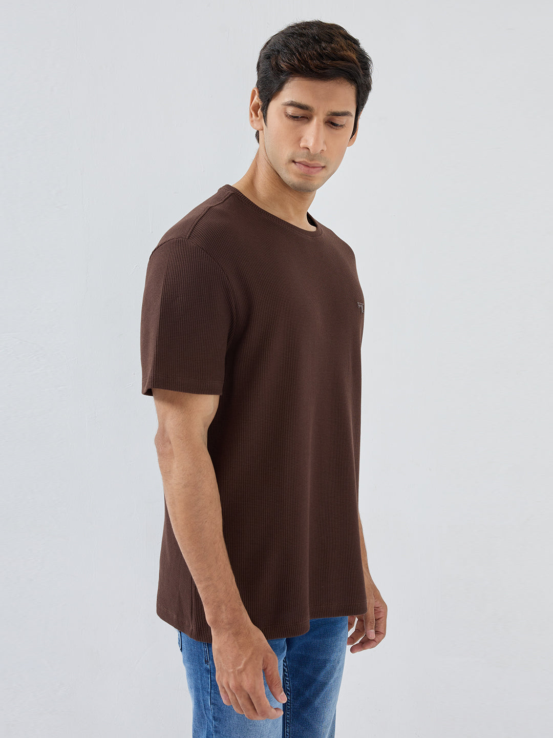 Men T-Shirt Textured Brown Regular Fit