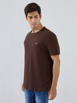 Men T-Shirt Textured Brown Regular Fit