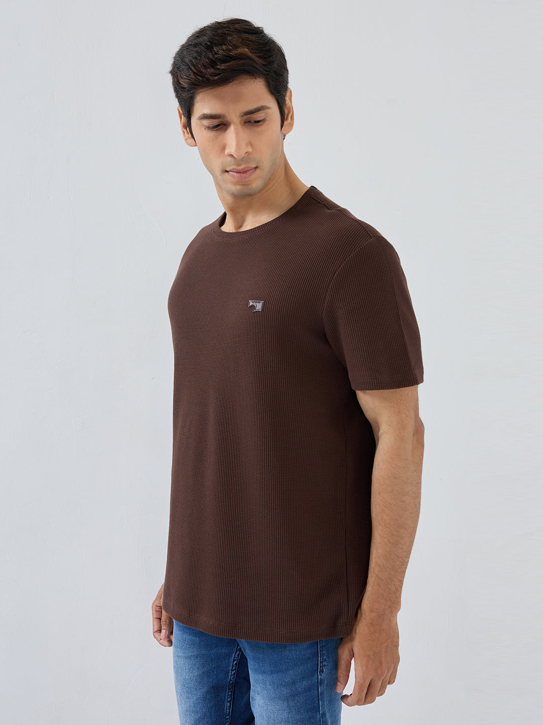 Men T-Shirt Textured Brown Regular Fit