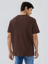 Men T-Shirt Textured Brown Regular Fit