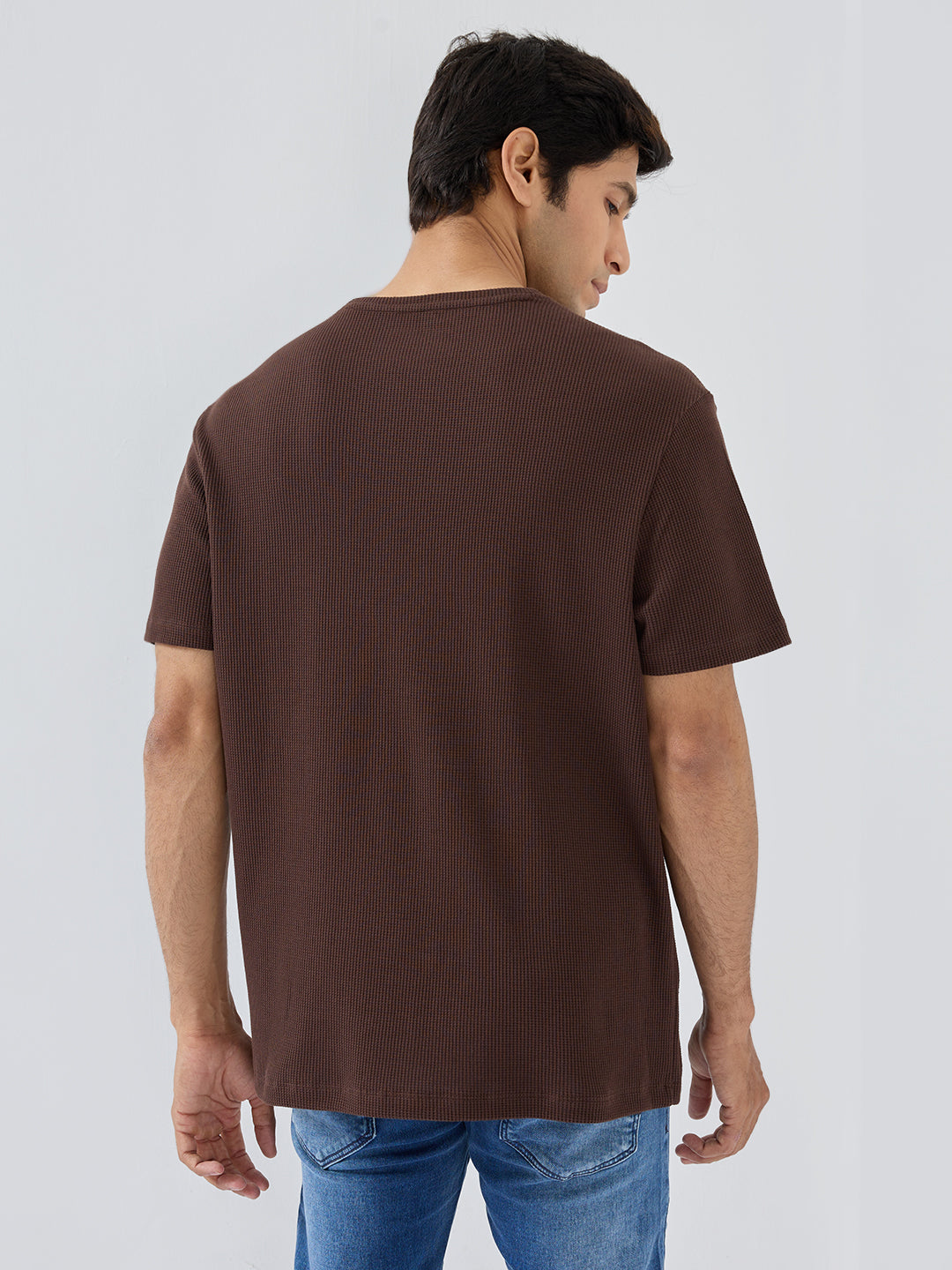 Men T-Shirt Textured Brown Regular Fit