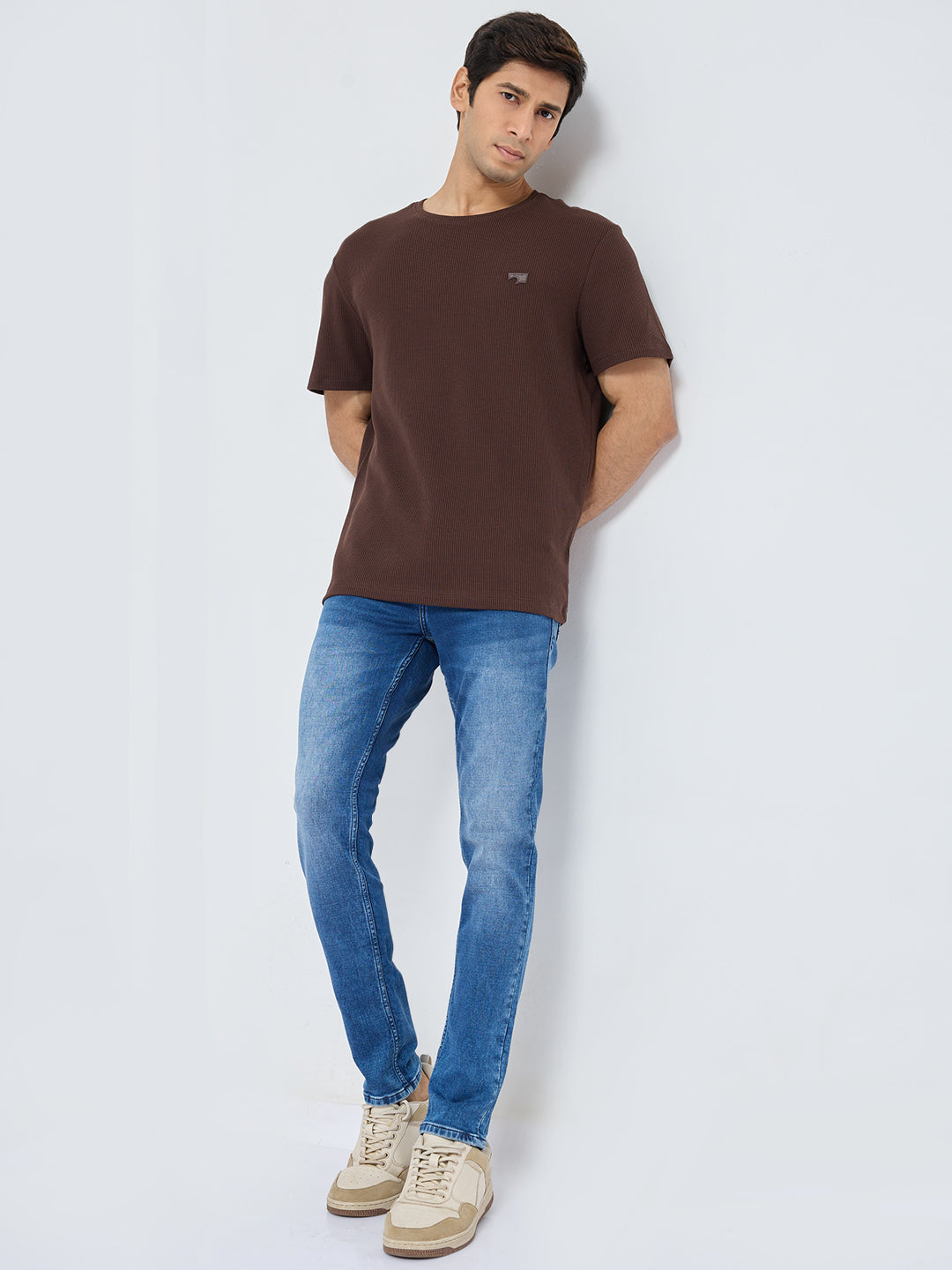 Men T-Shirt Textured Brown Regular Fit