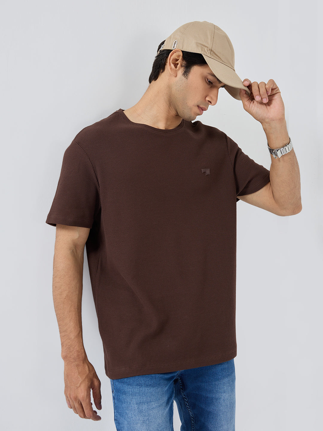 Men T-Shirt Textured Brown Regular Fit