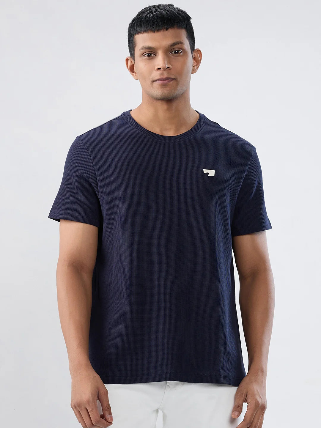 Men T-Shirt Textured Navy Blue Regular Fit