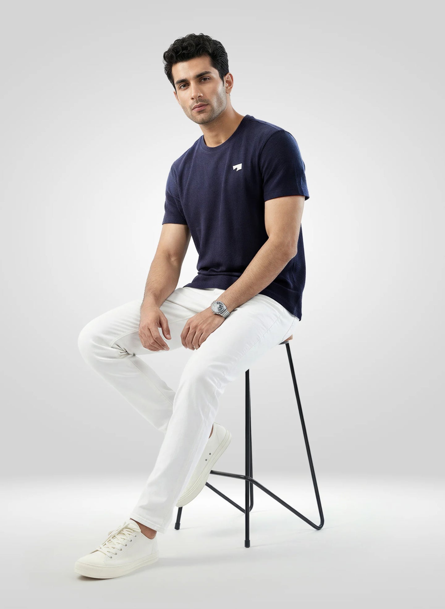 Men T-Shirt Textured Navy Blue Regular Fit