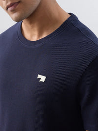 Men T-Shirt Textured Navy Blue Regular Fit