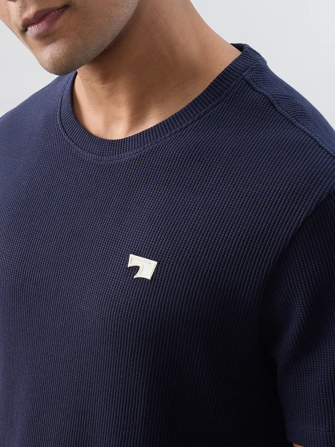 Men T-Shirt Textured Navy Blue Regular Fit