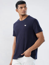 Men T-Shirt Textured Navy Blue Regular Fit
