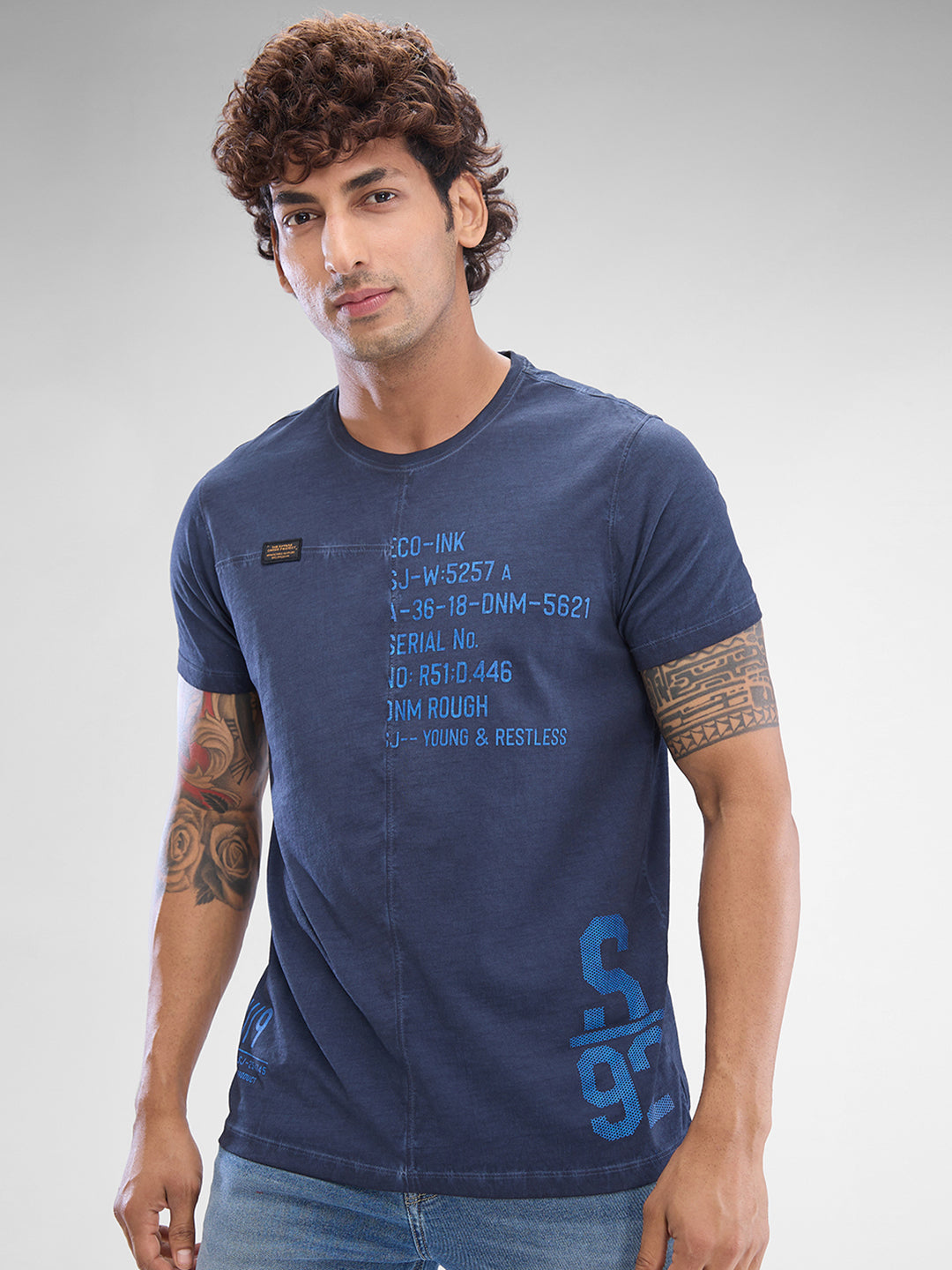 Spykar Navy Blue Cotton Half Sleeve Tshirt For Men