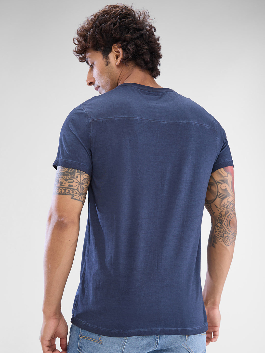 Spykar Navy Blue Cotton Half Sleeve Tshirt For Men