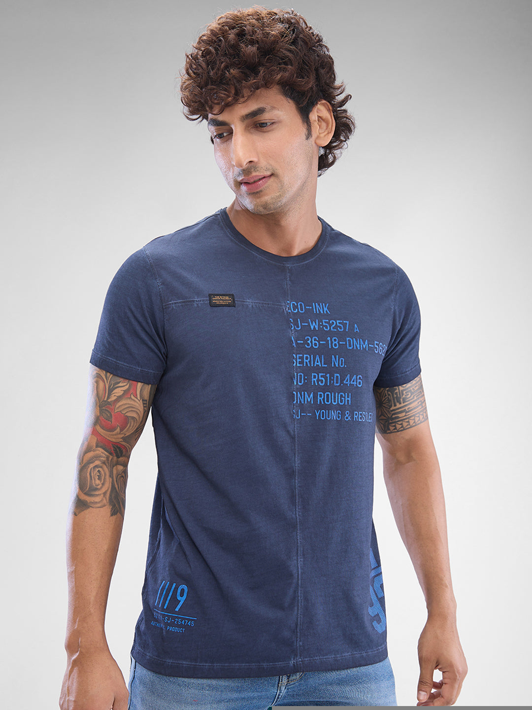 Spykar Navy Blue Cotton Half Sleeve Tshirt For Men