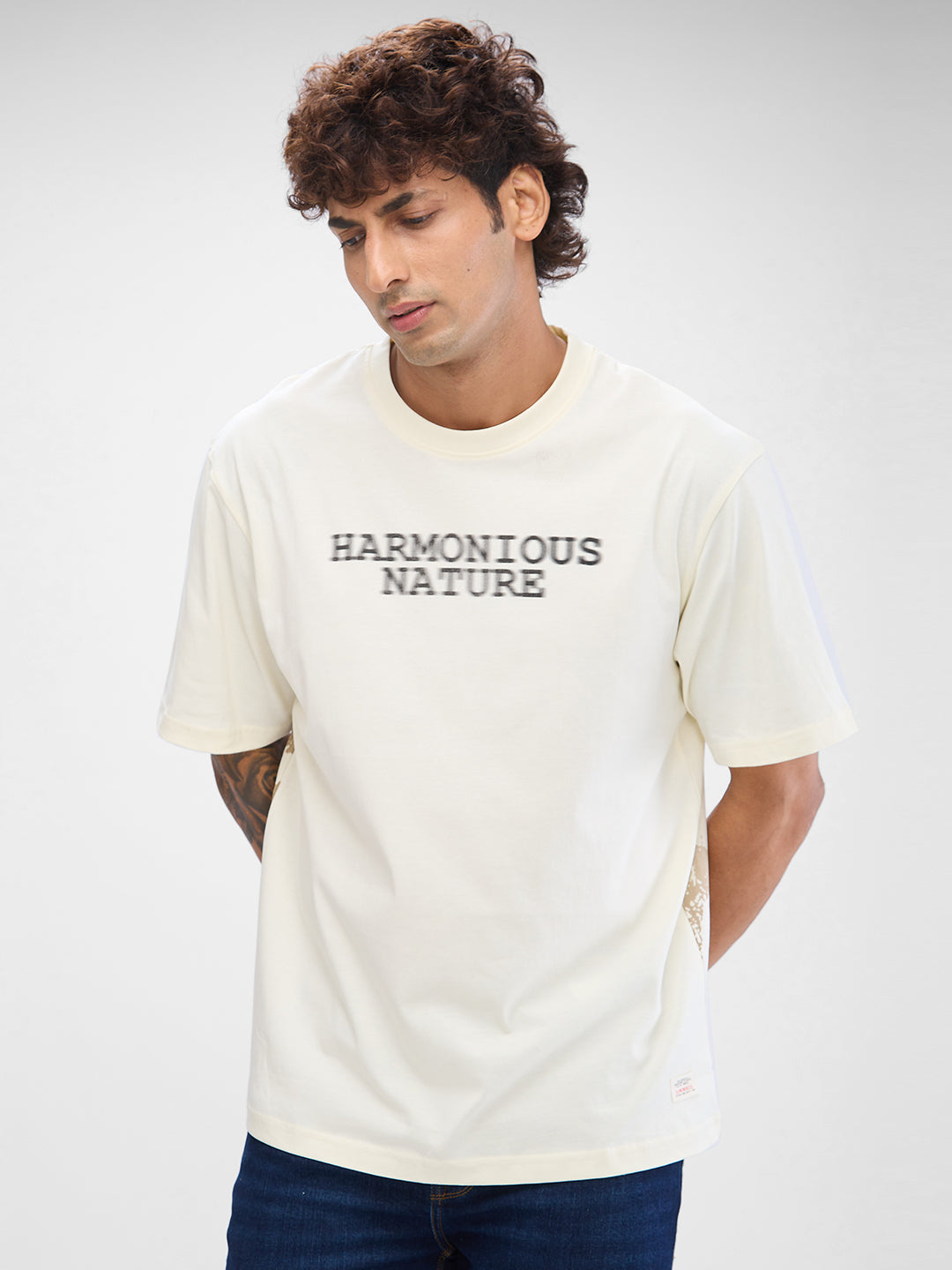 Spykar Off White Cotton Half Sleeve  Tshirt For Men