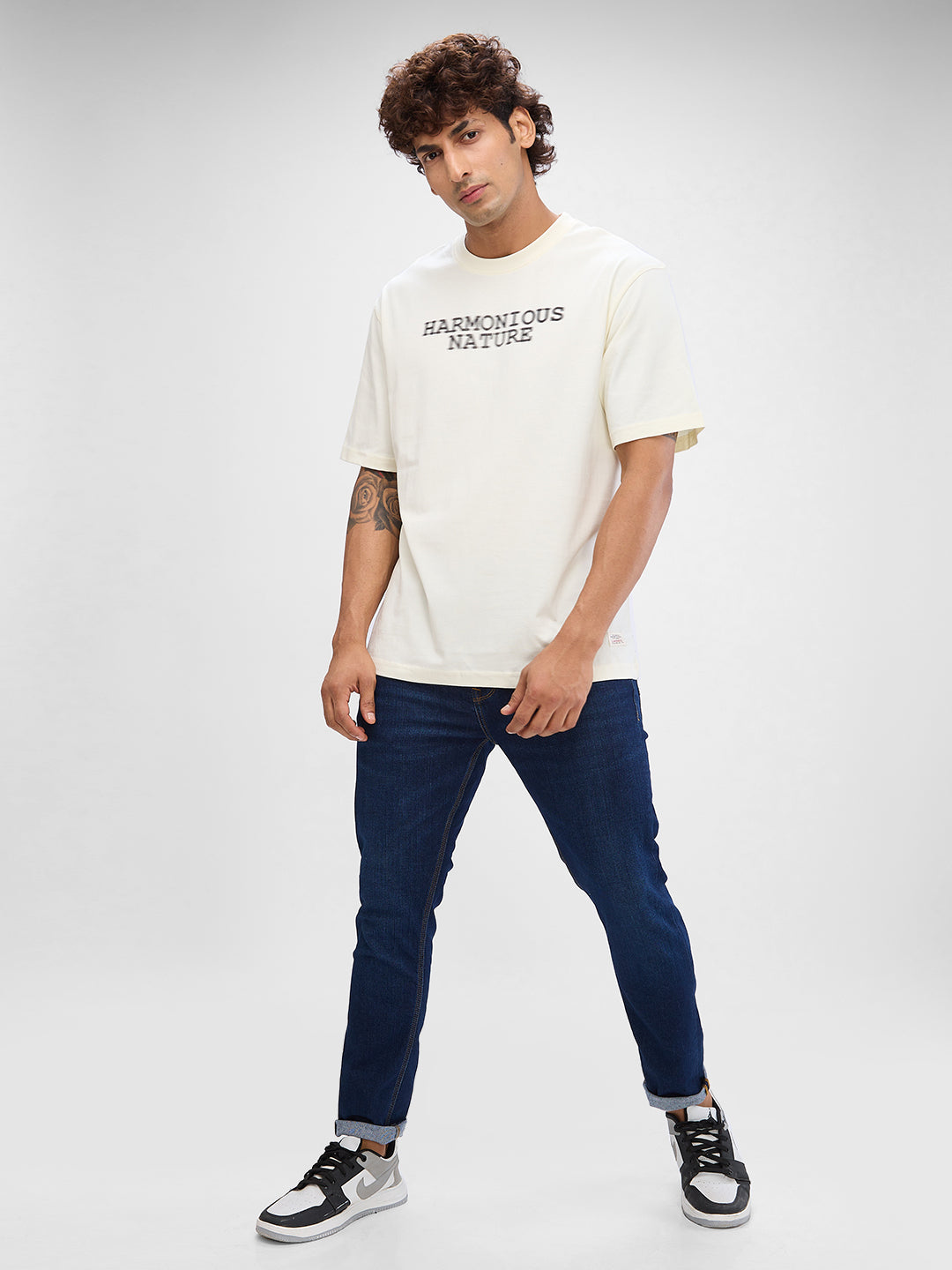 Spykar Off White Cotton Half Sleeve  Tshirt For Men