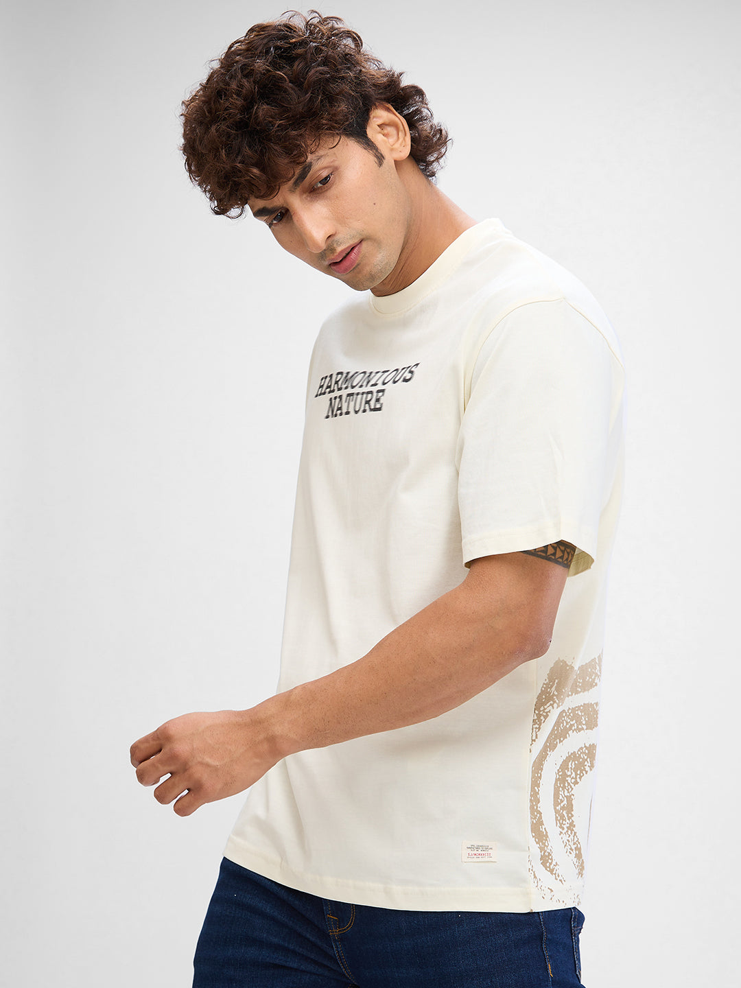 Spykar Off White Cotton Half Sleeve  Tshirt For Men