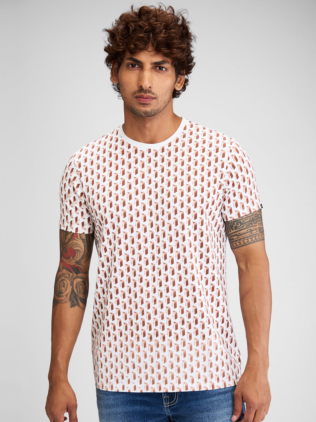 Spykar Men Printed Brown Slim Fit Half Sleeves T-Shirt