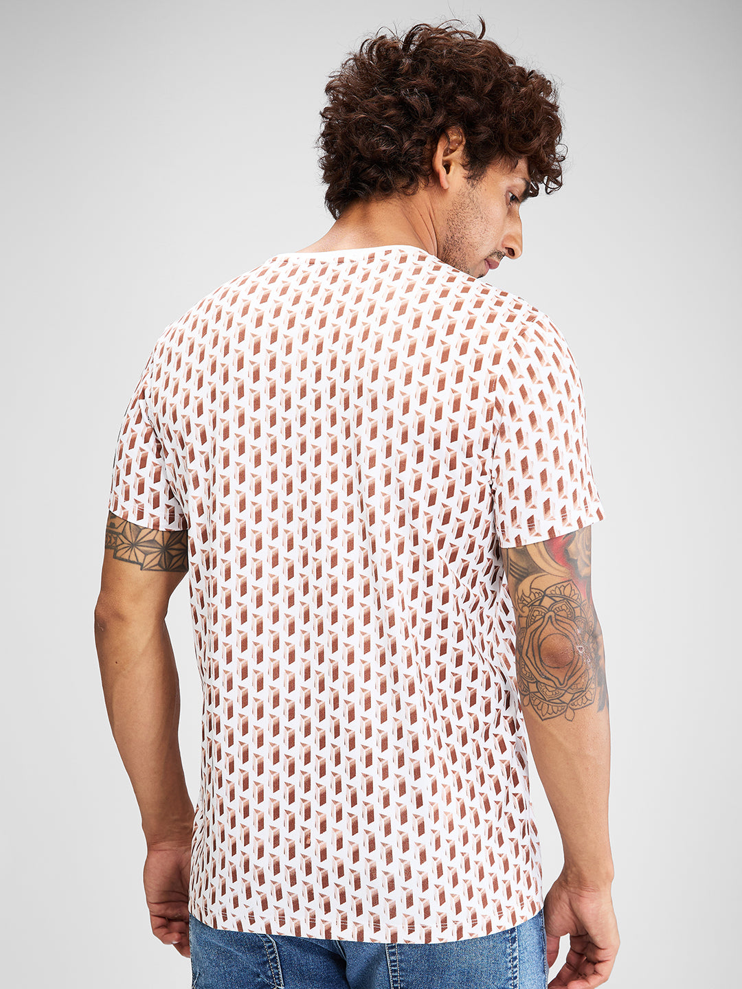 Men T-Shirt Brown Print Slim Fit
