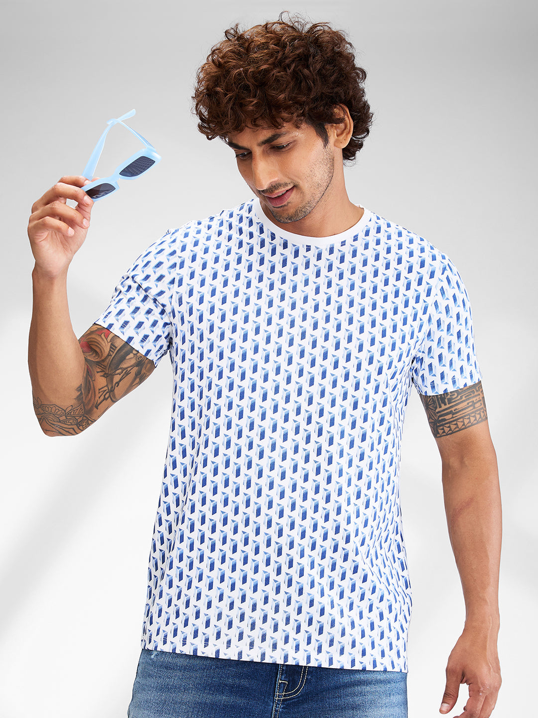 Spykar Men Printed Blue Slim Fit Half Sleeves T-Shirt