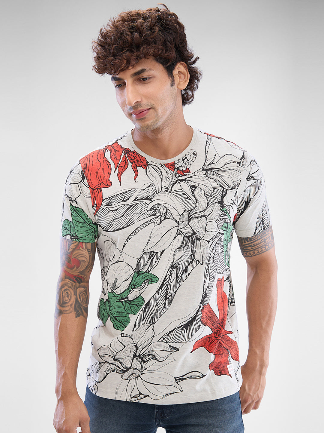 Spykar Cream White Cotton Half Sleeve Tshirt For Men