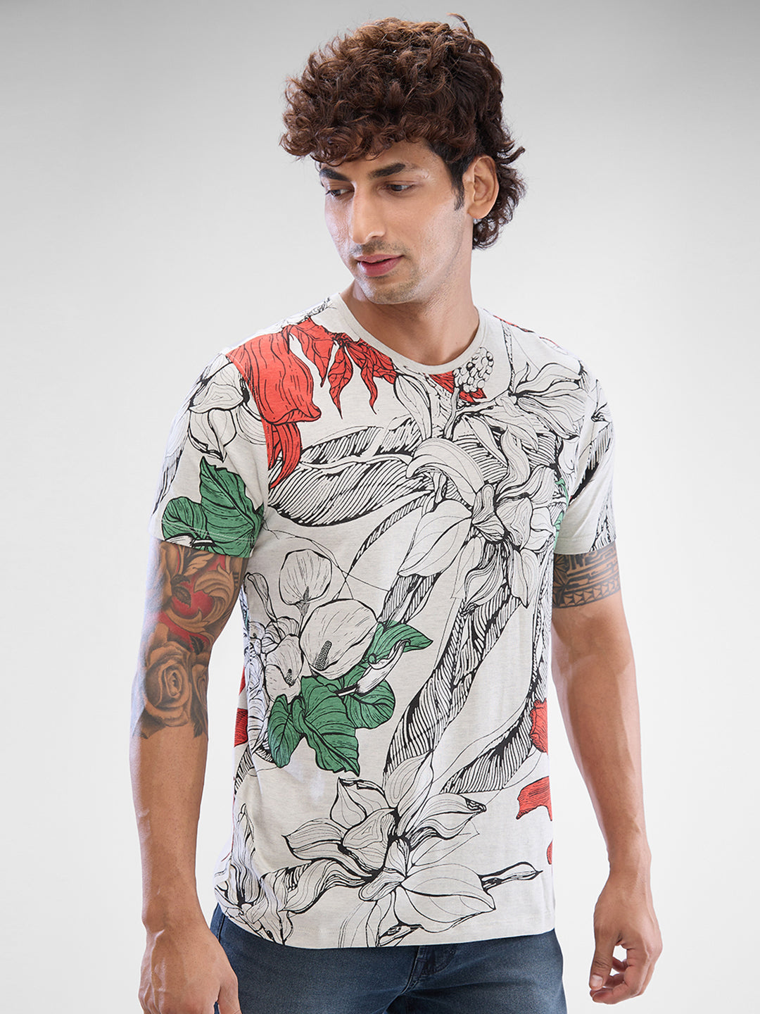 Spykar Cream White Cotton Half Sleeve Tshirt For Men