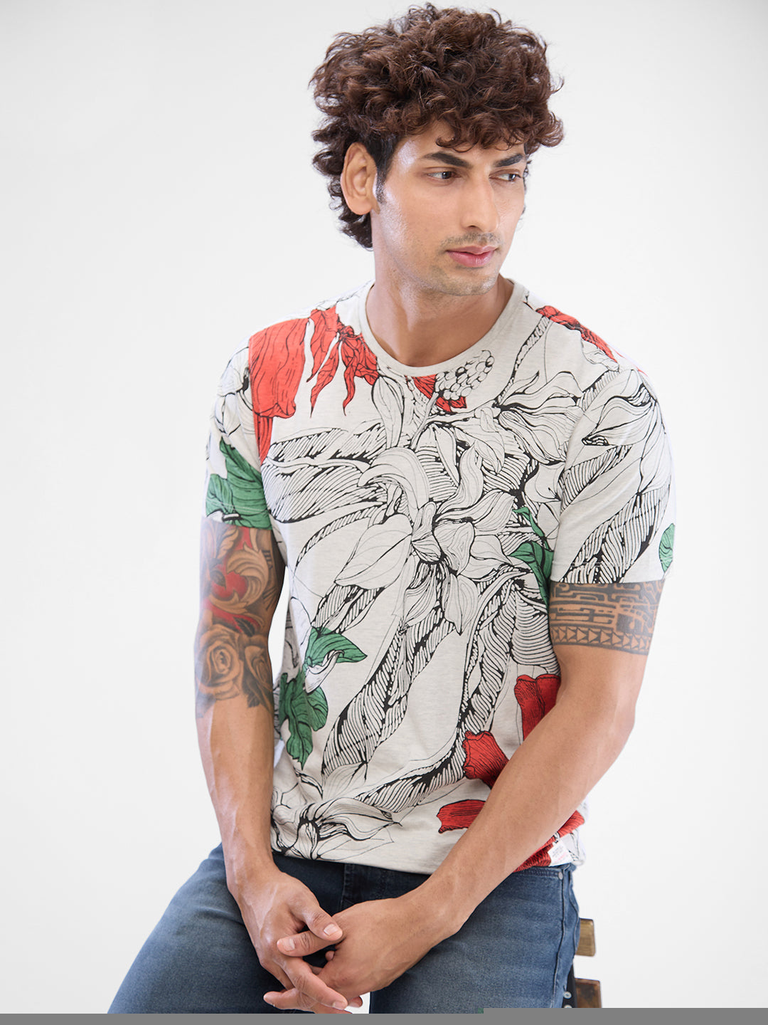 Spykar Cream White Cotton Half Sleeve Tshirt For Men