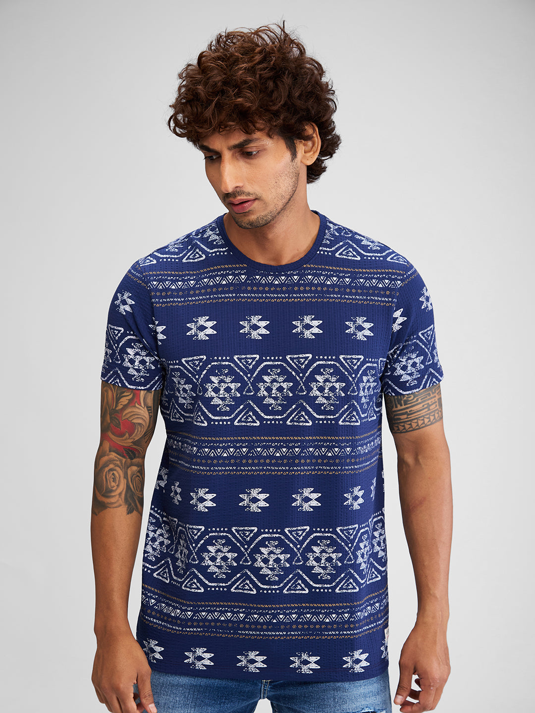 Spykar Men Printed Blue Slim Fit Half Sleeves T-Shirt