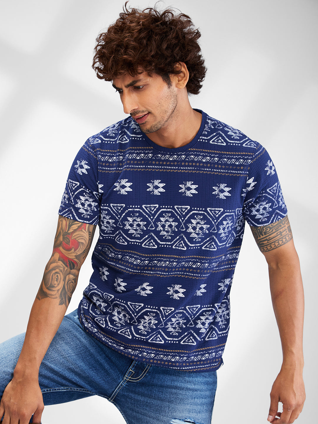 Spykar Men Printed Blue Slim Fit Half Sleeves T-Shirt