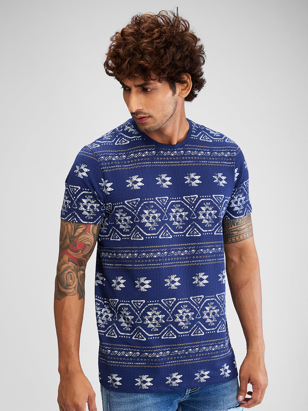 Spykar Men Printed Blue Slim Fit Half Sleeves T-Shirt