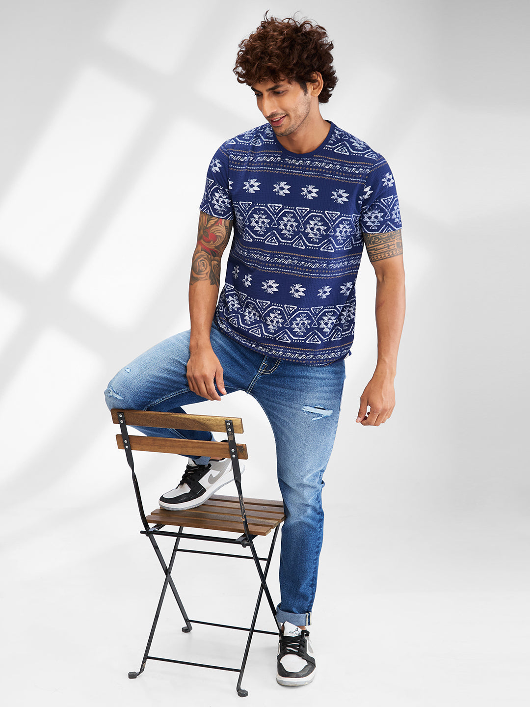 Spykar Men Printed Blue Slim Fit Half Sleeves T-Shirt